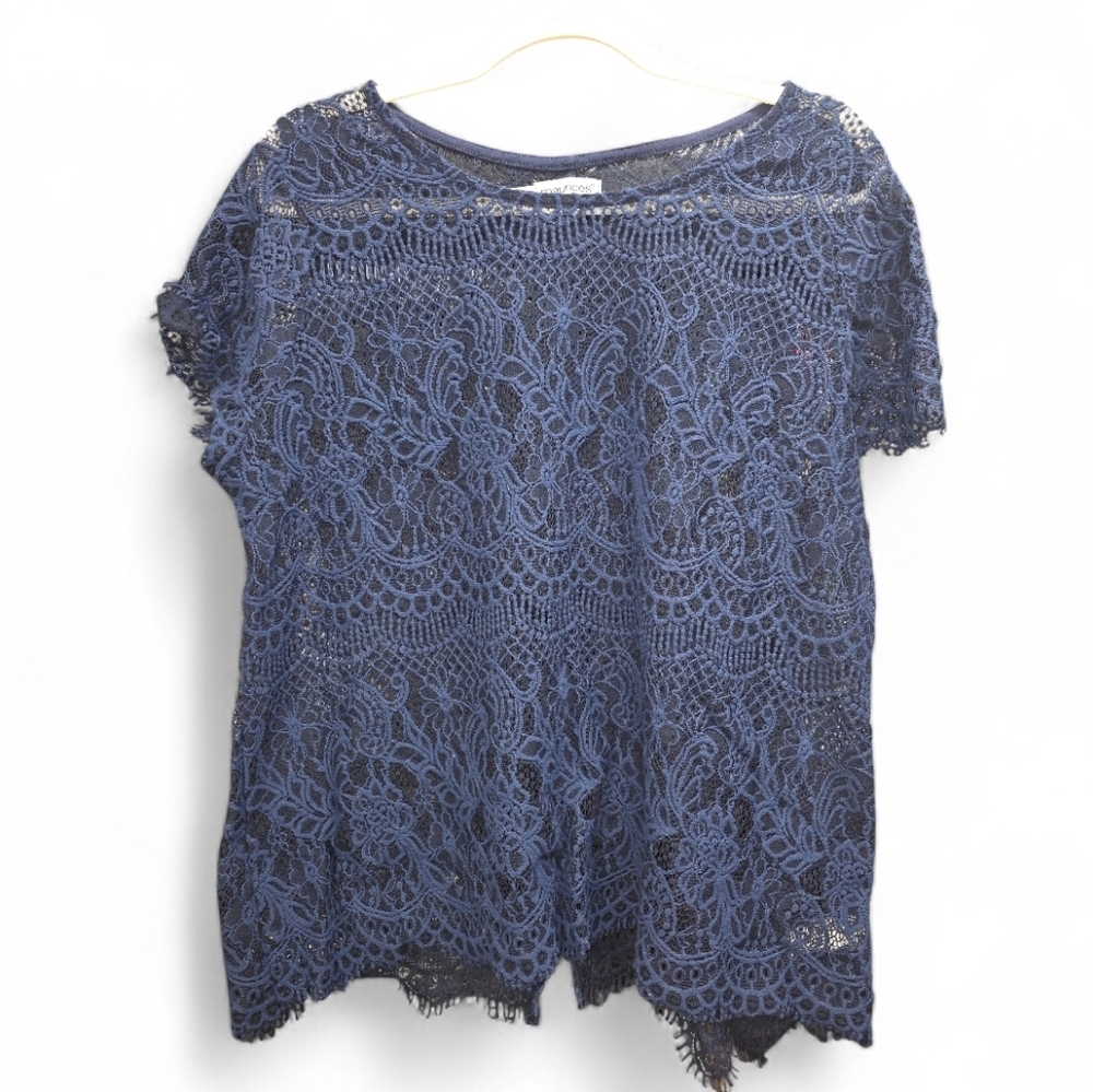 Maurices‎ Open Knit Lace Overlay Navy Blue Short Sleeve Size 2X Crochet Boho